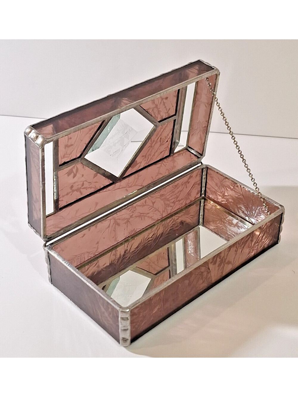 Vintage Mauve / Pink Stained Glass Jewelry Box Textured Leaf Mirror Lid Beveled